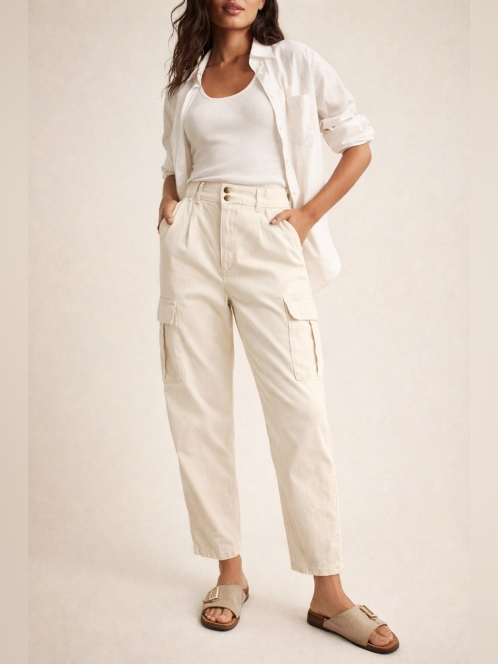 Banana Republic Cargo Pants Womens 28 High Rise Cream Utility Straight Leg